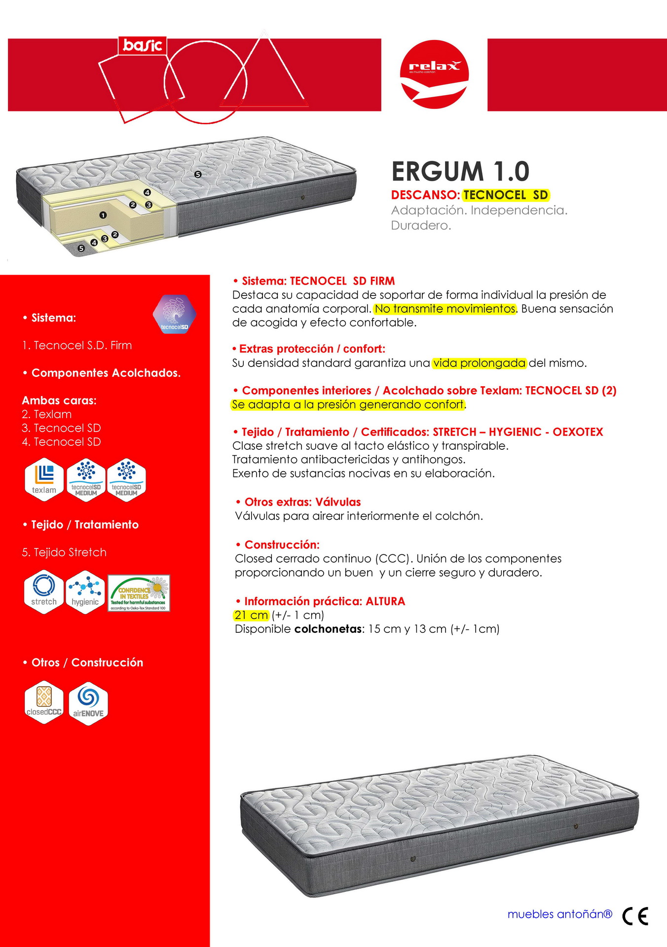 COLCHÓN Tecnocel SD Ergum 1.0 ficha by Relax en muebles antoñán® León