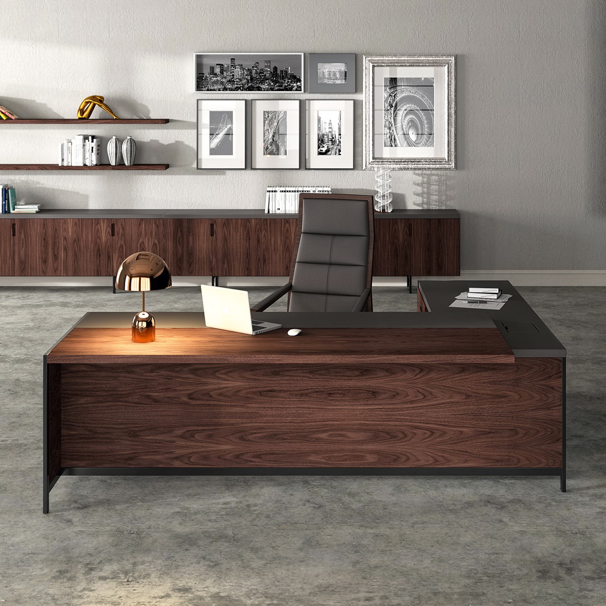 Mueble despacho mesa Gallery-nogal-espresso-technoblack-piel-antracita-PI08-08 by Ofifran en muebles antoñán® León