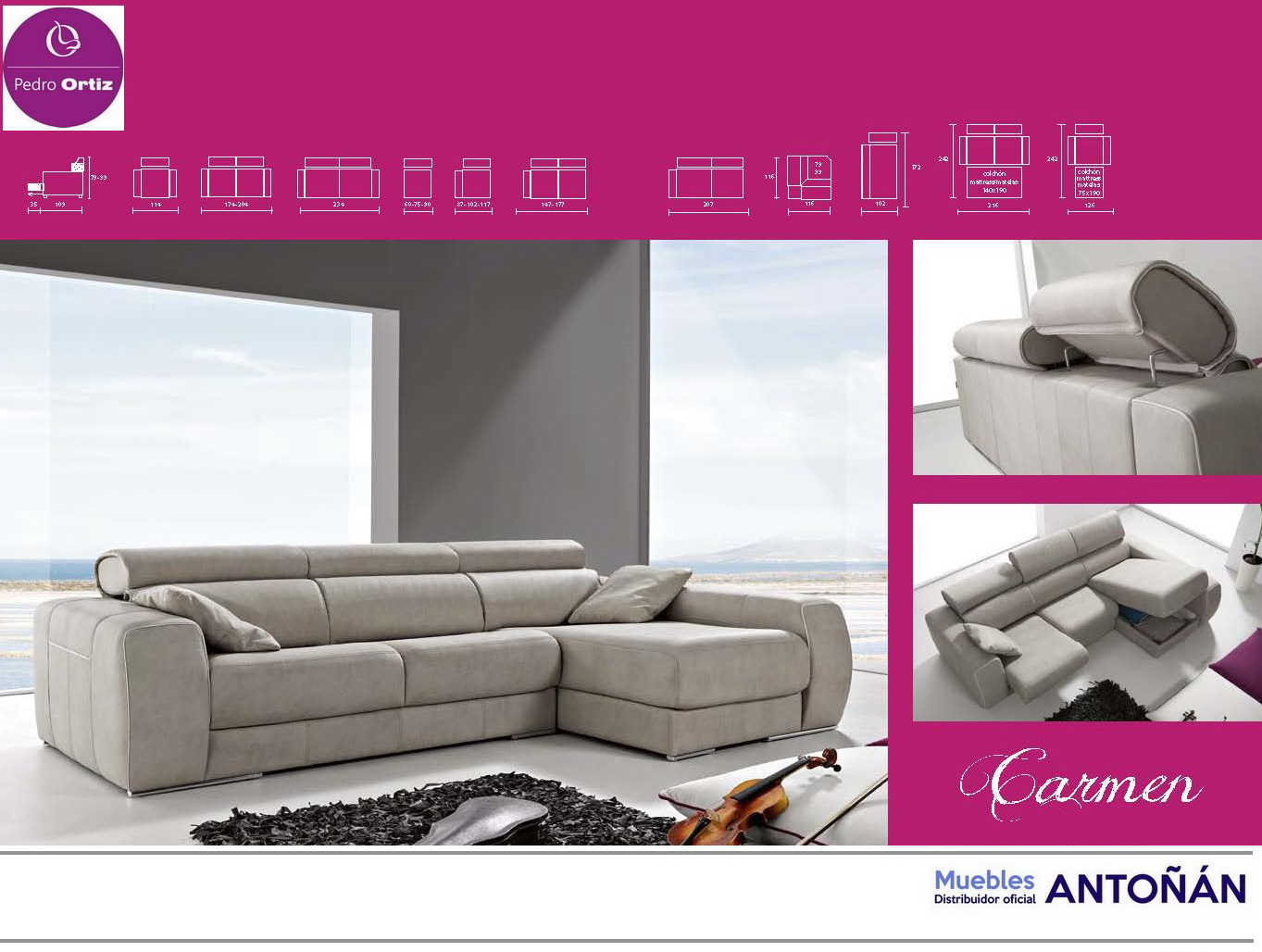 CARMEN sofá modular asientos extensibles by Pedro Ortiz 03 MEDIDAS SOFA de venta en Muebles Antoñán León